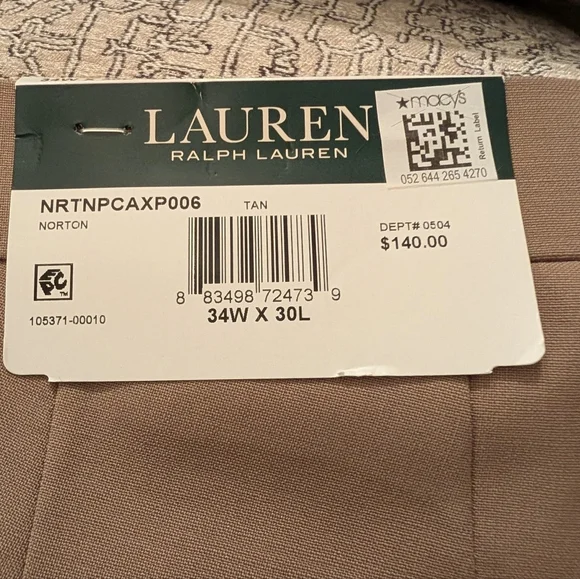 Ralph Lauren Men's Norton Pant Beige Dress Pants NWT SIZE 34W/30L